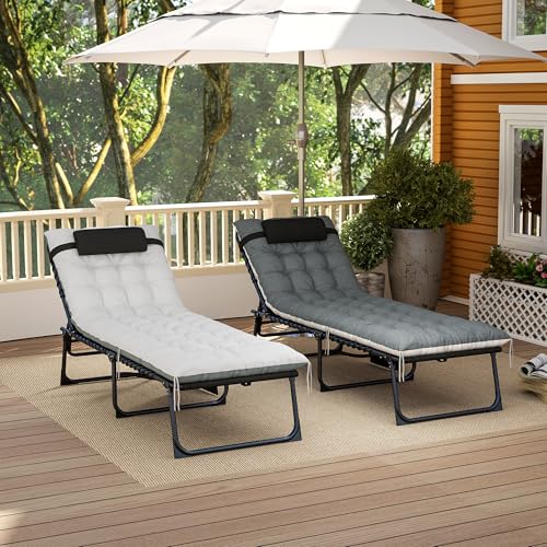 Outsunny Chaise Lounge Chair Outdoor Set of 2, 5-Position Adjustable Outdoor Pool Lounge Chairs, Folding Tanning Chair Beach Lounger with Cushion, Headrest, Side Pocket for Patio, Yard, Black/Gray