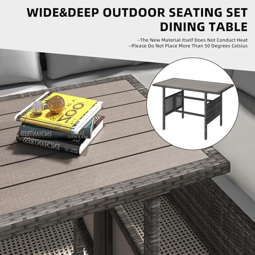 AECOJOY Outdoor Patio Furniture Set, 7 Pieces Clearance Sectional Rattan Dining Table&Chairs, All Weather Wicker Conversation Sofa Couch with Ottoman, Grey Cushions&Grey Rattan