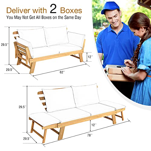 Tangkula Convertible Acacia Wood Patio Couch Sofa Bed with Adjustable Armrest, Outdoor Daybed with Cushion & Pillows, Outside Folding Futon Sofa Couch Bench for Porch, Courtyard, Poolside & Garden
