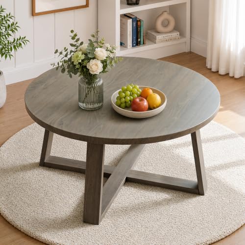 COMLAX FIELD Indoor Round Coffee Table with 35.5” Woodgrain Finish Table Top, Outdoor Metal Modern Side Table 125lbs for Backyard Porch Balcony Living Room, Brown