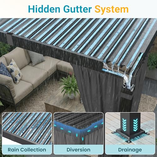 12' x 16' Louvered Pergola, Outdoor Pergola with Curtains & Netting, Metal Patio Pergola with Adjustable Louvers Roof and Gutter System, Metal Hardtop Gazebo for Patio, Deck, Garden, Yard, Dark Gray