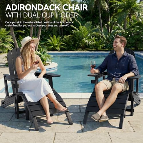 Vongrasig Adirondack Chairs Set of 2 with Removable Tabletop and Footrest, HDPE Plastic Outdoor Chair Set with Wooden Textured, Cup Holder for Patio, Poolside, Garden, Black, 5 Pieces
