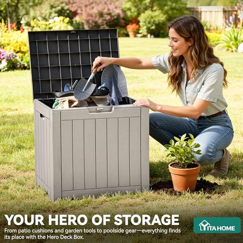 YITAHOME 31 Gallon Outdoor Storage Deck Box, Waterproof Resin Package Delivery and Storage Box with Lockable Lid for Patio Furniture Cushions, Pool Accessories, Garden Tools, Taupe