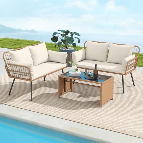 Tangkula Patio Wicker Loveseat, Outdoor 2-Seater PE Rattan Sofa with Pillows, Cushions, Metal Frame & Adjustable Foot Pads, 800 lbs Outside Couch for Porch, Backyard & Poolside (Off White, 50.5" L)