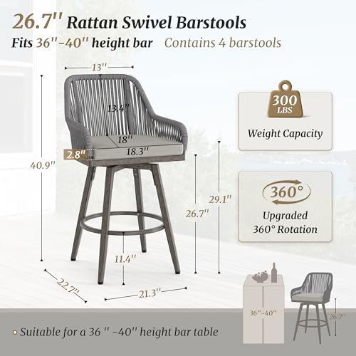 Cozyman Outdoor Bar Stools Set of 4, 360° Swivel Aluminum Rattan Bar Stool with Olefin Rope Curved Backrest and Armrest, Modern Barstools with Removable Cushion for Patio, Garden, Kitchen, Grey