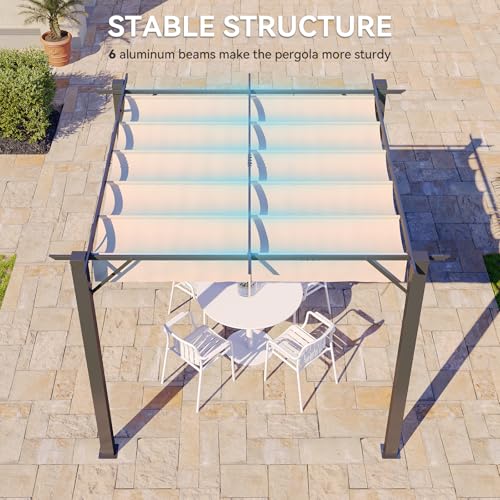 Aoxun 10'x10' Outdoor Pergola, Heavy Duty Metal Frame Patio Pergola with Adjustable Retractable Sun Shade Canopy, Modern Backyard Pergola for Garden, Deck, Patio, Lawn and Outdoor