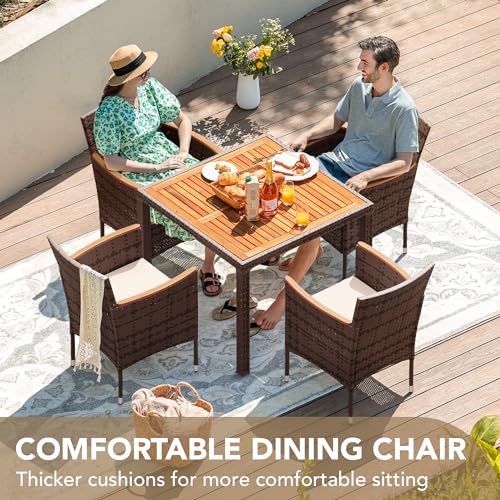 Devoko 5 PCS Furniture, Patio Conversation Set with Acacia Wood Top, Rattan Outdoor Dining Table and Chairs for Backyard, Garden, Deck, Brown