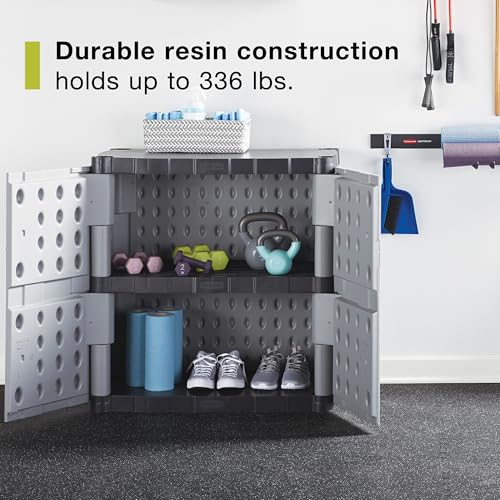 Rubbermaid Freestanding Storage Cabinet with Doors 18"D x 36"W x 37"H Medium Gray/Black Two-Shelf Lockable Cabinet for Indoor/Outdoor/Garage Storage for Garden Tools/Lawn Care Accessories