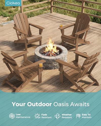 Ciokea Folding Adirondack Chair Wood Texture, Patio Adirondack Chair Weather Resistant, Plastic Fire Pit Chair with Cup Holder, Lawn Chair for Outdoor Porch Garden Backyard Deck (Teak)