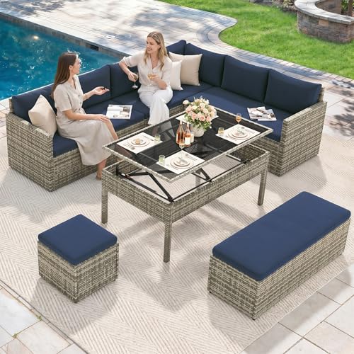 YITAHOME 9PCS Patio Furniture Set with Lift-Top Coffee Table & Ottoman, Outdoor Modular Sectional Sofa, Waterproof Patio Conversation Set, All-Weather Patio Sofa, Outdoor Sectional for Deck Backyard