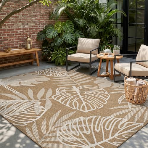 MontVoo-Outdoor Rug-Patio Rug 5x7 ft Polypropylene Indoor Outdoor Rugs Outdoor Carpet for Patio Deck Balcony Porch, Textured Weave, Durable for High Traffic, Fade-Resistant, Tropical Neutral Brown