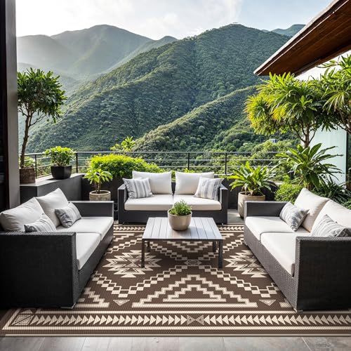 GENIMO Outdoor Rug for Patio Clearance - 9x12 ft Waterproof Plastic Camping Rugs, Reversible Outside Rv Mat Carpet for Porch, Deck, Picnic, Balcony, Beach, Backyard, Coffee Beige
