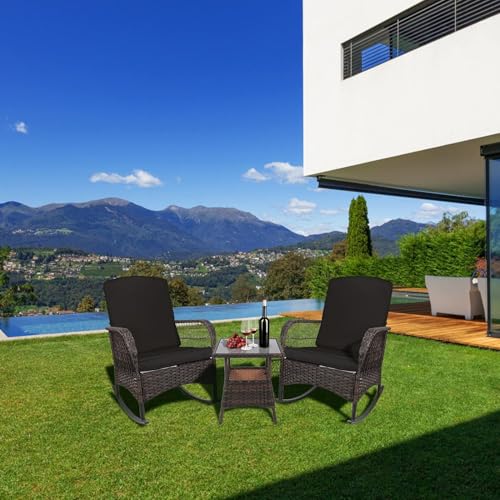 LEVELEVE 3 pcs Rocking Bistro Set Conversation Chairs PE Wicker Outdoor Rocking Chairs & Glass Table,for Porch Lawn Garden Backyard Deck(Rocking Set,Black)