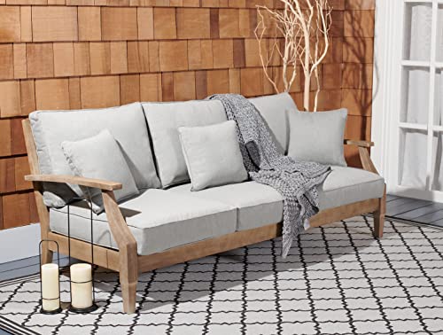 SAFAVIEH Couture Outdoor - Martinique 3-Seat Sofa - Natural & Grey - Solid Wood - Slatted Coastal Design - Ideal for Patio, Deck, Porch, Backyard, 18.3" Seat Height (CPT1013B)