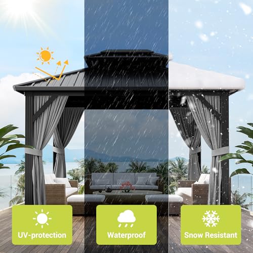10' x 12' Aluminum Hardtop Gazebo with Double Metal Roof, All-Weather Permanent Outdoor Canopy with Netting & Curtains for Patio, Backyard, Deck, and Lawn