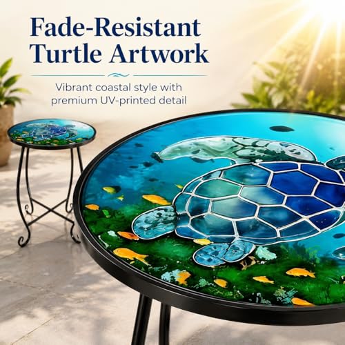 Kaesithar 2-Pack 15 Inch Tall Mosaic Patio Side Tables Style, Metal Folding Turtle Table Set, Shatterproof Outdoor Patio Table for Porch Deck, Rust Resistant Small Garden Table (Set of 2)