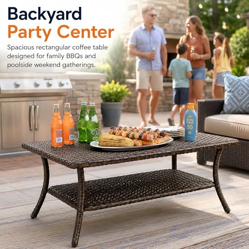 HUMMUH 42-inch 2-Tier Outdoor Patio Coffee Table, Brown PE Rattan Center Table with Powder-Coated Metal Frame for Garden, Backyard, Porch Storage