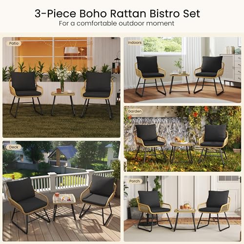 Yaheetech 3 Piece Patio Bistro Set Outdoor Wicker Bistro Furniture Sets, 2 Rattan Chairs and Glass Top Table for Patio, Balcony, Porch, Poolside, Backyard 3 PCS/Tan/Black