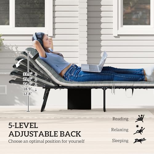 Outsunny Chaise Lounge Chair Outdoor Set of 2, 5-Position Adjustable Outdoor Pool Lounge Chairs, Folding Tanning Chair Beach Lounger with Cushion, Headrest, Side Pocket for Patio, Yard, Black/Gray