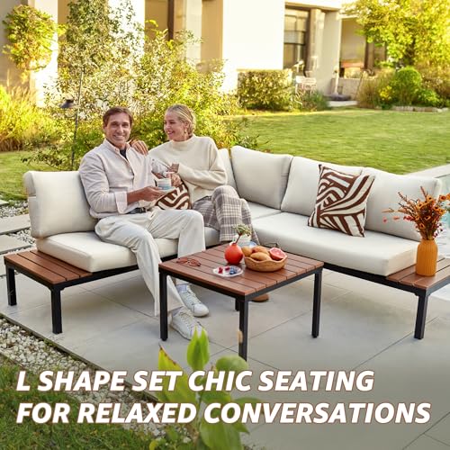 NATURAL EXPRESSIONS Outdoor Furniture Set, L Shape Patio Sectional, Metal Corner Couch Sofa Set with Side Tables, Detachable Backrest, Fauxwood Coffee Table, Beige Olefin Cushions for Garden Deck