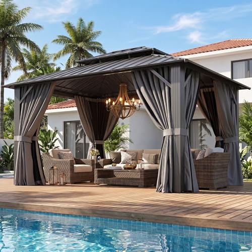 Aoxun 10x12 Gazebo Hardtop Gazebo with Double Galvanized Steel Roof Outdoor Pavilion with Breathable Netting and Privacy Curtain for Backyard (Gray)