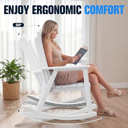 Devoko PP Material Rocking Chair Outdoor Indoor All Weather High Back Patio Rocker for Adult Heavy Duty Rocking Chair for Patio Backyard Porch Garden (Heavy Duty, White)