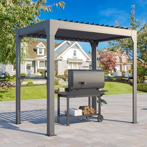 UPHYB 8x5 Louvered Pergola, Aluminum BBQ Pergola, Hardtop Gazebo for Outdoor Grill, Adjustable Rainproof Roof, Pergolas for Patio, Black