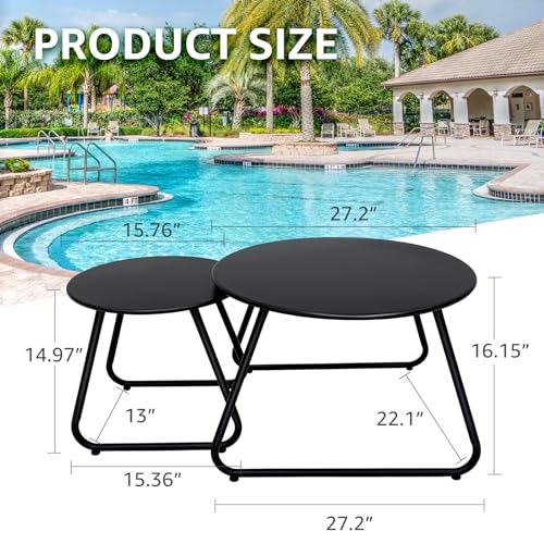 Meluvici Patio Outdoor Coffee Table Set of 2, Weather Resistant Steel Round End Tables, Outdoor Nesting Table for Patio, Balcony, Bistro and Indoor, Black (Black)