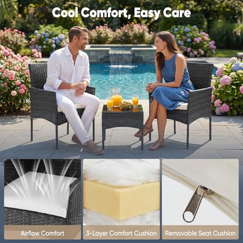DUMOS 3-Piece Patio Furniture Set, All-Weather Outdoor Wicker Chairs with Removable Cushions & Tempered Glass Table, Small Bistro Set for Porch, Balcony, Lawn, Backyard, Black