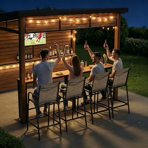 Crestlive Outdoor Bar Stools Set of 4, 500 lb Capacity Metal Patio Bar Chairs with Breathable Mesh Seat and Back – 28.7" Bar Height Stool for Backyard and Balcony