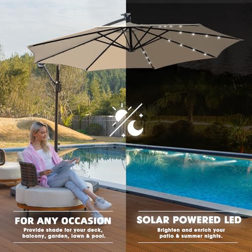 wikiwiki 10ft Solar LED Offset Patio Umbrella, Outdoor Cantilever Patio Umbrellas with Solor Lights for Backyard, Poolside and Garden, Easy Tilt Adjustment, 32 LED Lights & Polyester Shade, Beige