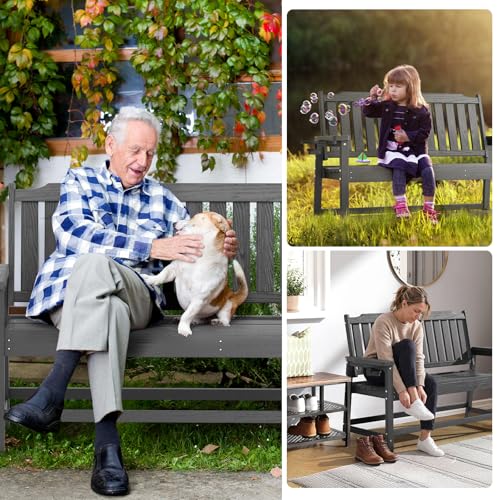 WELYAS Outdoor Bench with Unique 2 Cup Holders, Easy Assemble All Weather Low Maintenance Sturdy HDPE Bench for Garden Porch 2 Person,Grey