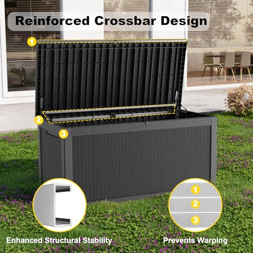 KFY 320 Gallon Waterproof Outdoor Storage Box, UV Resistant Resin Deck Box with Hydraulic Rod for Reinforced Stability, Perfect for Patio, Garden, and Pool（Black，320 Gallon）
