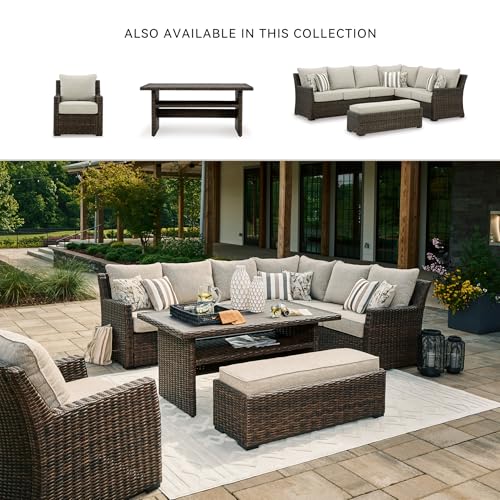 Signature Design by Ashley Brook Ranch Outdoor Sectional, All‑Weather Resin Wicker Patio Furniture With High‑Performance Cushions, Durable Aluminum Frame, Neutral