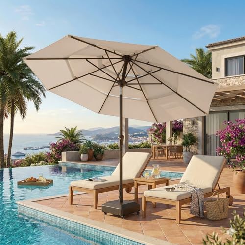 Patio Kingdom 10ft Patio Umbrella, 3 Tier Outdoor Market Table Umbrellas with 8 Fiberglass Ribs and Push Button Tilt, Windproof, Vented Canopy, UV Protection for Deck, Pool, Backyard, Beige