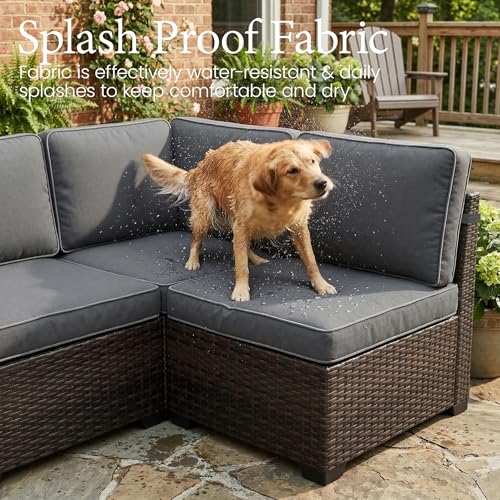 LayinSun 13 Pieces Outdoor Patio Furniture Set with 44" Fire Pit Table Brown Rattan Sectional Sofa Conversation Sets