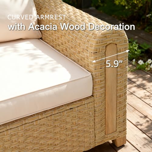SUNSITT 6-Piece Patio Furniture Set, Outdoor Wicker & Acacia Wood Sectional Sofa Set, Patio Modular Design Conversation Sets with Coffee Table & Thick Comfy Cushion for Porch, Garden, Natural Color