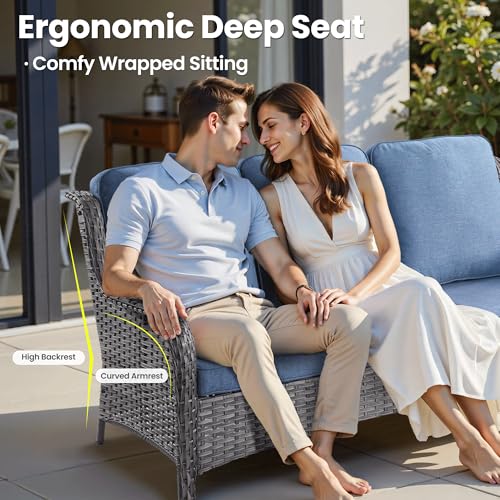 ovios 5-Piece Patio Furniture Set with Swivel Chairs Side Table, Outdoor Wicker Sofa with 42" Fire Pit Table, High Back Couch Modern Conversation Sets, Grey/Denim Blue