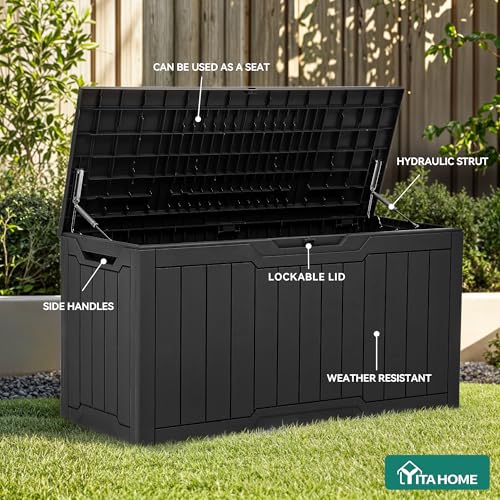 YITAHOME 80 Gallon Resin Deck Box, Outdoor Lockable Storage Box for Patio Furniture, Waterproof Patio Deck Box for Cushions, Pool Supplies, Sports Equipment and Garden Tools, Black