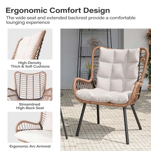 LAUSAINT HOME 3 Piece Outdoor Bistro Set, Small Patio Furniture Set with Coffee Table and Thick Cushions, Front Porch Furniture for Lawn, Garden, Balcony, Poolside, White