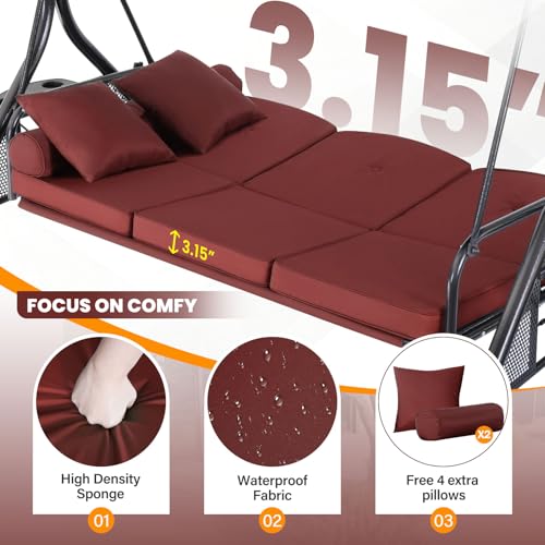 3 Seat Outdoor Porch Swing with Adjustable Canopy,2 in 1 Patio Swing Bed with Stand 800lbs for Adults,Outdoor Swing with Removable Cushion, Cup Holder ＆4 Pillow for Backyard, Porch, Garden，Red