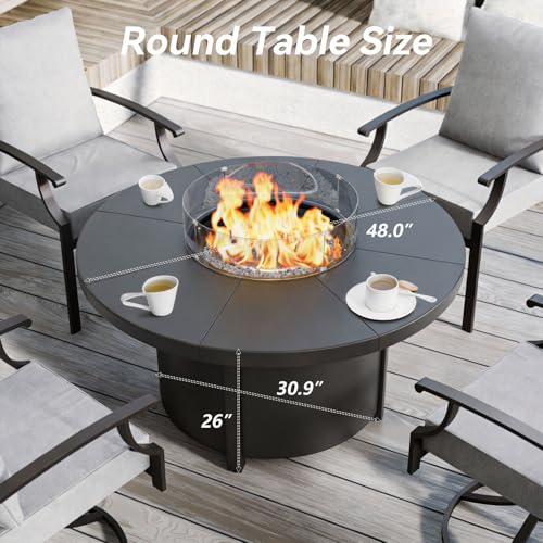 Trumbeak 48" Round Propane Fire Pit,Steel Tabletop Fire Pit w Lava Rocks,55000 BTU Auto-Ignition CSA Certified Gas Fire Pits with Lid & Windproof Glass for Outdoor,Patio,Backyard