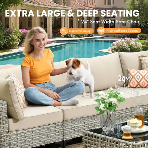POUUIN Outdoor Sectional Patio Furniture Set with Swivel Rocking Chairs,10 Pieces Wicker Conversation Sets L Shaped Couch Out Door Sofa Set Outside Furniture for Garden Deck Yard Porch,Beige