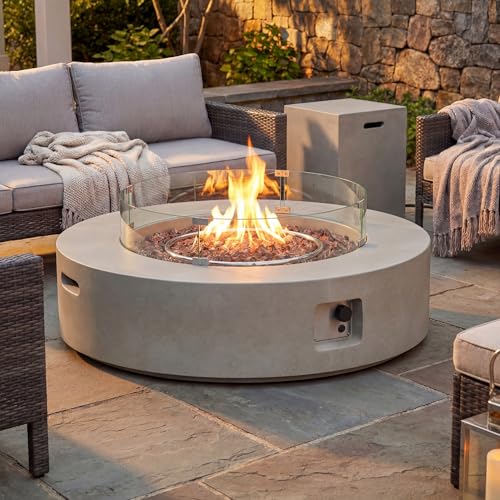 COSIEST 2-Piece Outdoor Propane Firepit Table Set w Tank Table, 42" Fire Table Certified, 50,000 BTU w Gray Round Base,Wind Guard and 16 inches Tank Side Table 20lb for Garden,Pool