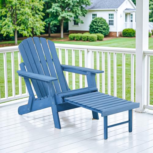 LDB_BUILDING Oversized Folding Adirondack Chair with Retractable Ottoman - Solid Wood Outdoor Lounge Chair for Patio Garden Backyard Porch, Weather-Resistant & Pre-Assembled, Blue
