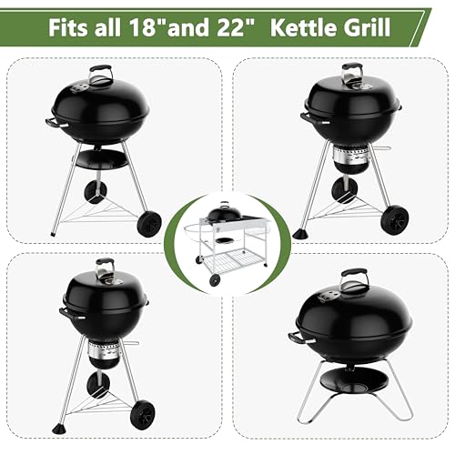 Shintenchi Grill Table for Weber 22" & 18" Original Kettle, Outdor Grill Cart with Wheels, Movable Outdoor Prep Table Cooking Station for JumboJoe and Master-Touch Charcoal Grill