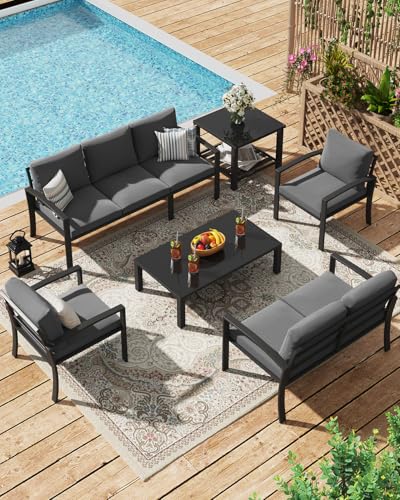 U-MAX Aluminum Patio Furniture Set 7 Seats, Modern Furniture Clearance with Coffee Table & Side Table, Patio Conversation Sets with Deep Cushions for Lawn, Garden, Porch, Balcony, Dark Grey