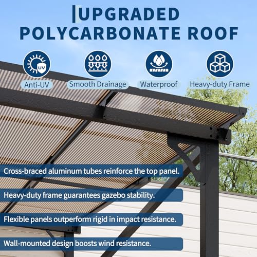 10x12ft Lean to Gazebo with Polycarbonate Hardtop Roof - Hardtop Wall Pergola, Aluminum Frame Wall Mounted Gazebo for Patio, Deck, Yard, Garden & Party Shade