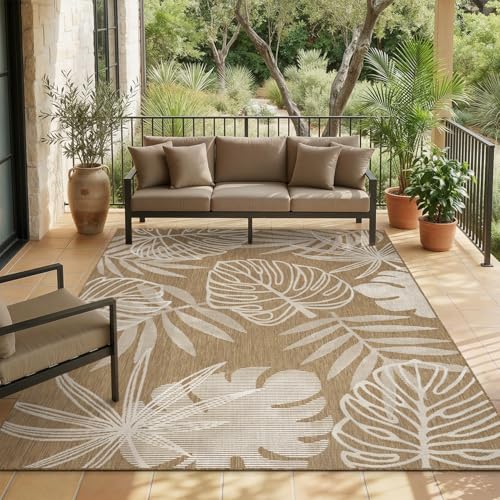 MontVoo-Outdoor Rug-Patio Rug 5x7 ft Polypropylene Indoor Outdoor Rugs Outdoor Carpet for Patio Deck Balcony Porch, Textured Weave, Durable for High Traffic, Fade-Resistant, Tropical Neutral Brown