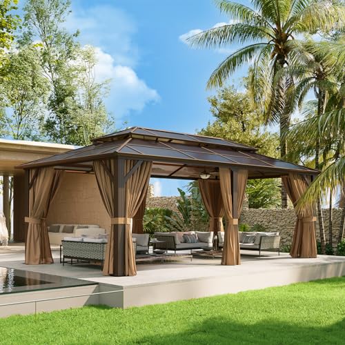 Aoxun 12'x20' Hardtop Gazebo, Aluminum Frame Permanent Pavilion with Curtains and Netting, Outdoor Polycarbonate Double Roof Canopy, Designed for Garden, Lawns, Patio